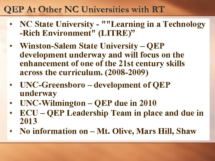 QEP At Other NC Universities with RT • NC State University - 