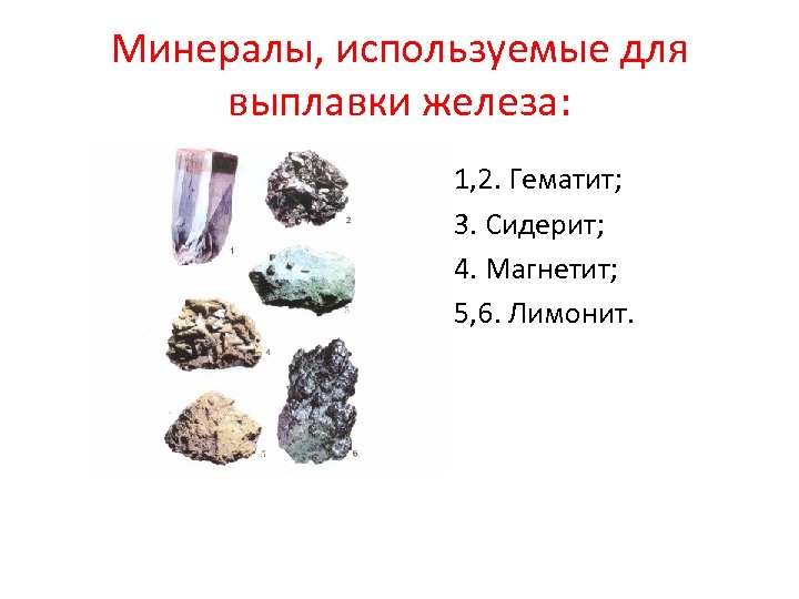 Минералы, используемые для выплавки железа: 1, 2. Гематит; 3. Сидерит; 4. Магнетит; 5, 6.