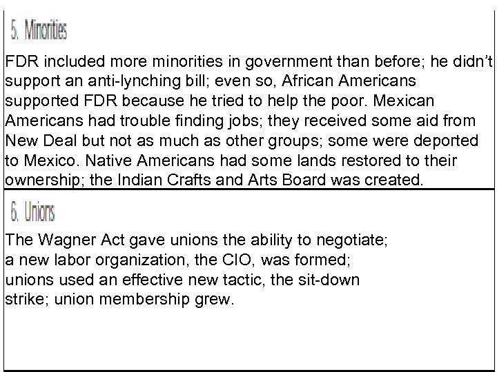 FDR included more minorities in government than before; he didn’t support an anti-lynching bill;