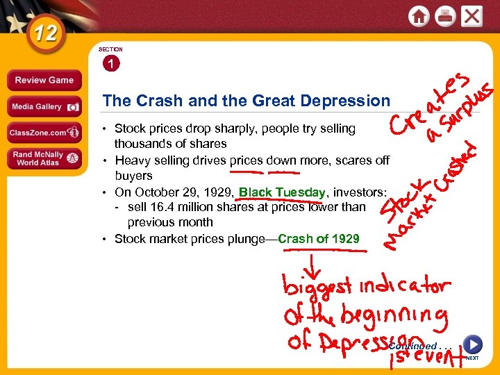 SECTION 1 The Crash and the Great Depression • Stock prices drop sharply, people