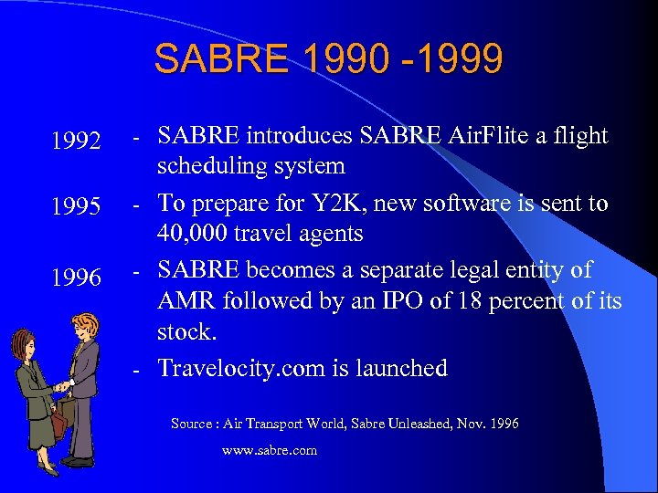 SABRE 1990 -1999 1992 1995 1996 SABRE introduces SABRE Air. Flite a flight scheduling