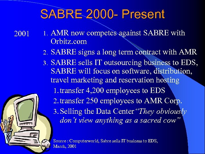 SABRE 2000 - Present 2001 AMR now competes against SABRE with Orbitz. com 2.