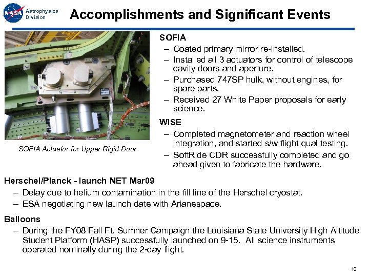 Astrophysics Division Accomplishments and Significant Events SOFIA – Coated primary mirror re-installed. – Installed
