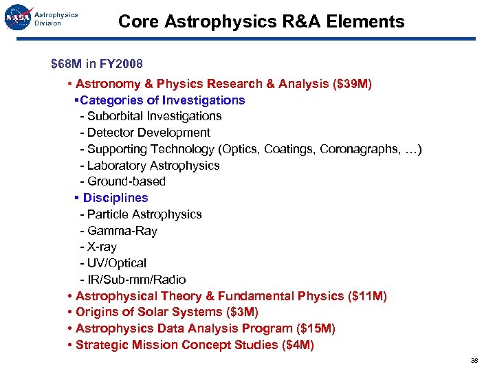 Astrophysics Division Core Astrophysics R&A Elements $68 M in FY 2008 • Astronomy &