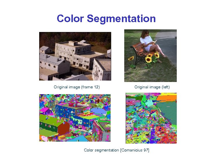 Color Segmentation Original image (frame 12) Original image (left) Color segmentation [Comanicius 97] 