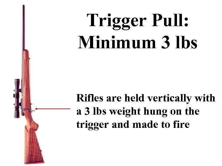 Trigger Pull: Minimum 3 lbs Rifles are held vertically with a 3 lbs weight