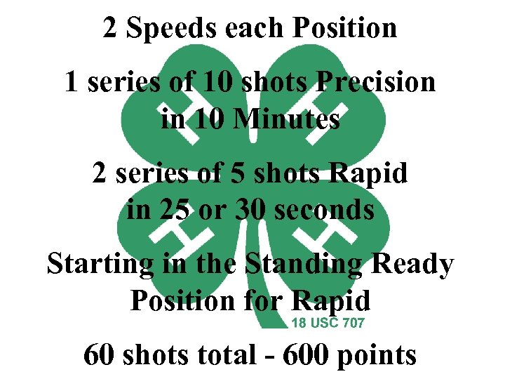 2 Speeds each Position 1 series of 10 shots Precision in 10 Minutes 2