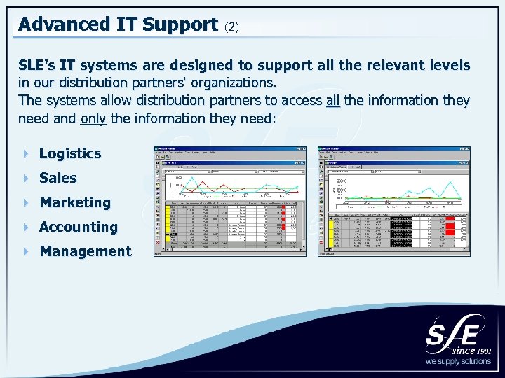 Advanced IT Support (2) SLE's IT systems are designed to support all the relevant