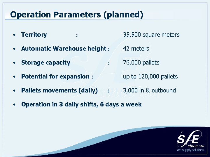 Operation Parameters (planned) • Territory 35, 500 square meters : • Automatic Warehouse height