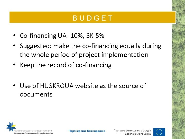 BUDGET • Co-financing UA -10%, SK-5% • Suggested: make the co-financing equally during the