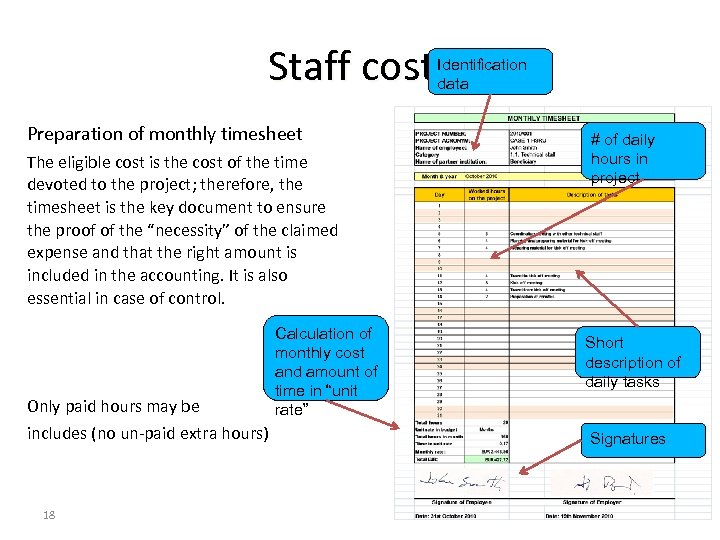 Staff costs Identification data Preparation of monthly timesheet The eligible cost is the cost