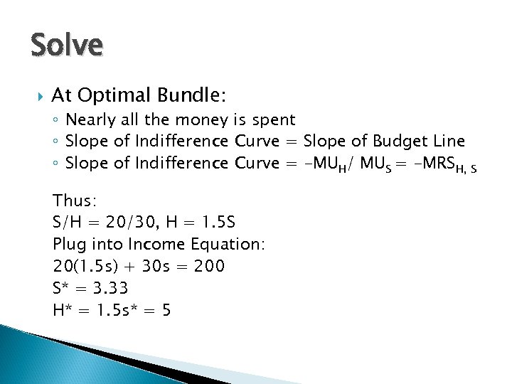 Solve At Optimal Bundle: ◦ Nearly all the money is spent ◦ Slope of