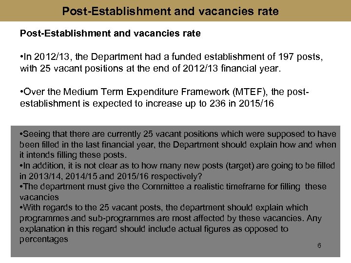 Post-Establishment and vacancies rate • In 2012/13, the Department had a funded establishment of