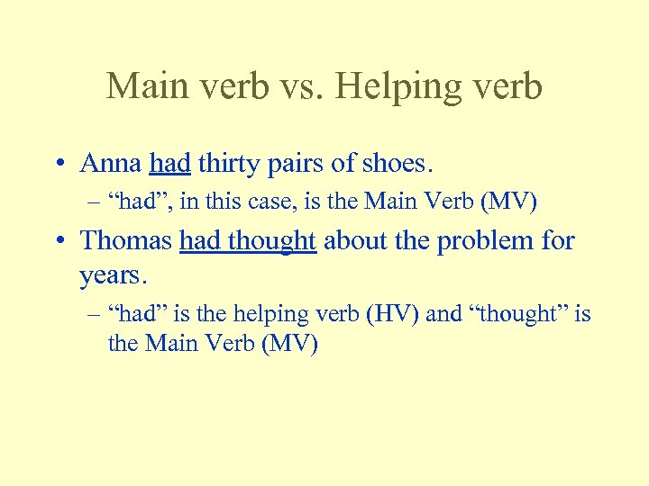 Main verb vs. Helping verb • Anna had thirty pairs of shoes. – “had”,