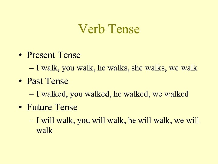 Verb Tense • Present Tense – I walk, you walk, he walks, she walks,