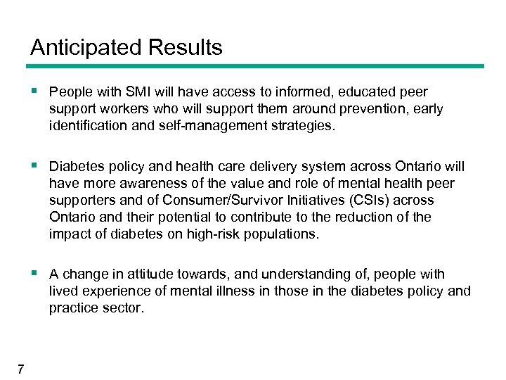 Anticipated Results § People with SMI will have access to informed, educated peer support