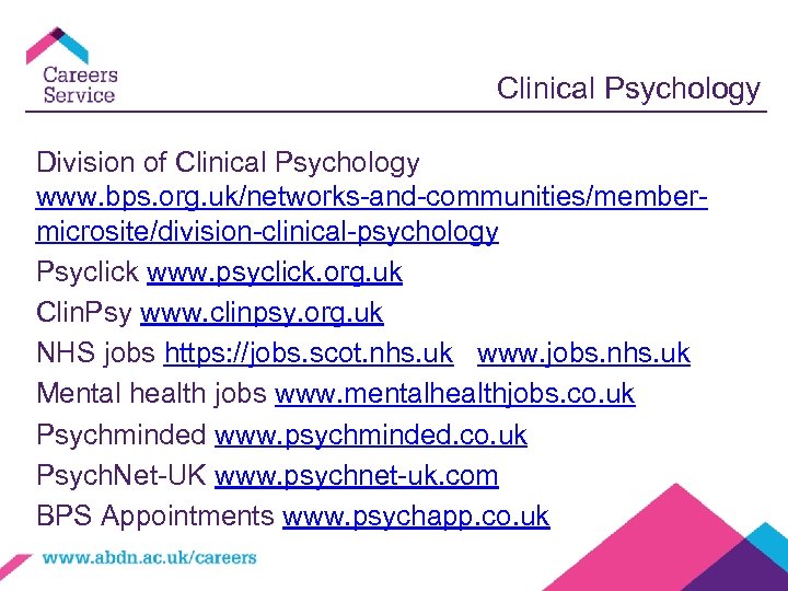 Clinical Psychology Division of Clinical Psychology www. bps. org. uk/networks-and-communities/membermicrosite/division-clinical-psychology Psyclick www. psyclick. org.