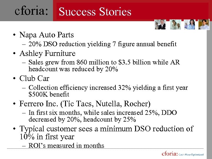cforia: Success Stories • Napa Auto Parts – 20% DSO reduction yielding 7 figure