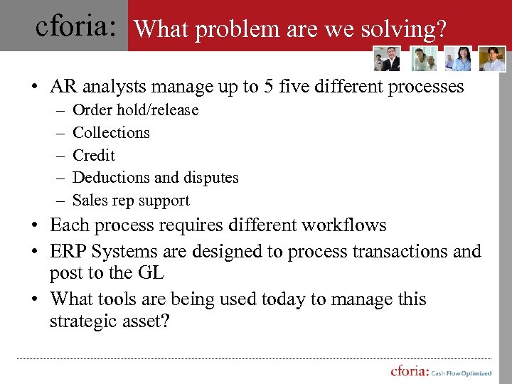 cforia: What problem are we solving? • AR analysts manage up to 5 five