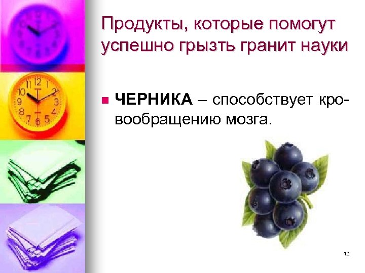 Продукты, которые помогут успешно грызть гранит науки ЧЕРНИКА – способствует кровообращению мозга. 12 