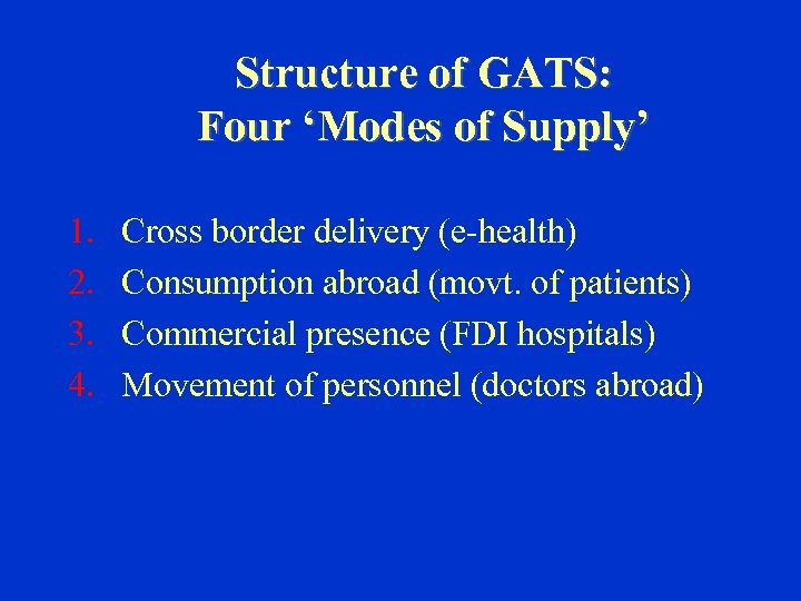 Structure of GATS: Four ‘Modes of Supply’ 1. 2. 3. 4. Cross border delivery