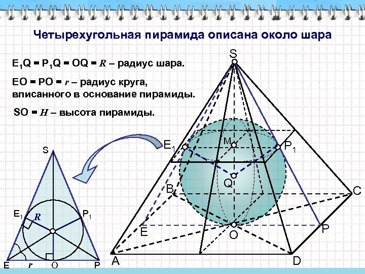 Четырехугольная пирамида описана около шара E 1 Q = P 1 Q = OQ
