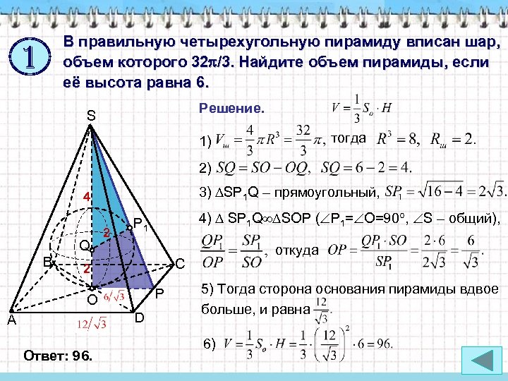 В правильную четырехугольную пирамиду вписан шар, объем которого 32 /3. Найдите объем пирамиды, если