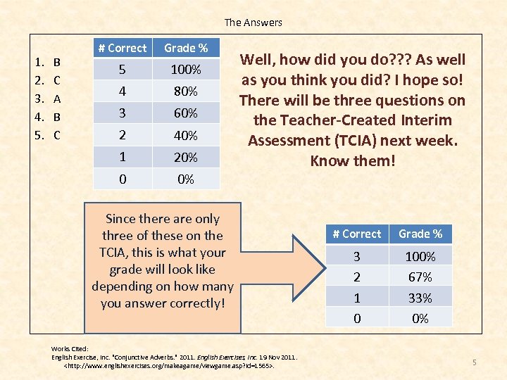 The Answers 1. 2. 3. 4. 5. Grade % 5 100% 4 80% 3