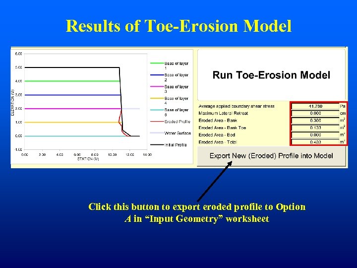 Results of Toe-Erosion Model Click this button to export eroded profile to Option A