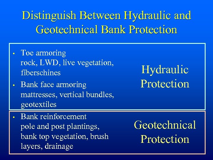 Distinguish Between Hydraulic and Geotechnical Bank Protection • • • Toe armoring rock, LWD,