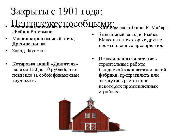  • Закрыты с 1901 года: Неплатежеспособными: фабрика Р. Майера Машиностроительный завод • Химическая