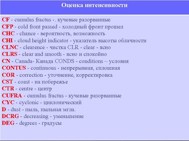 Оценка интенсивности CF - cumulus fractus -. кучевые разорванные CFP - cold front passed