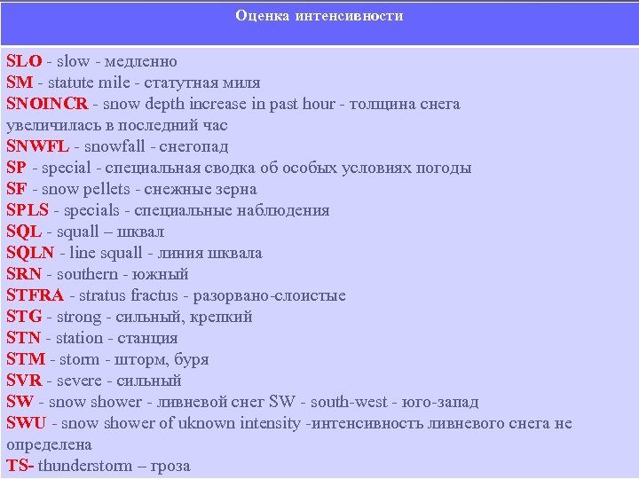 Оценка интенсивности SLO - slow - медленно SM - statute mile - статутная миля