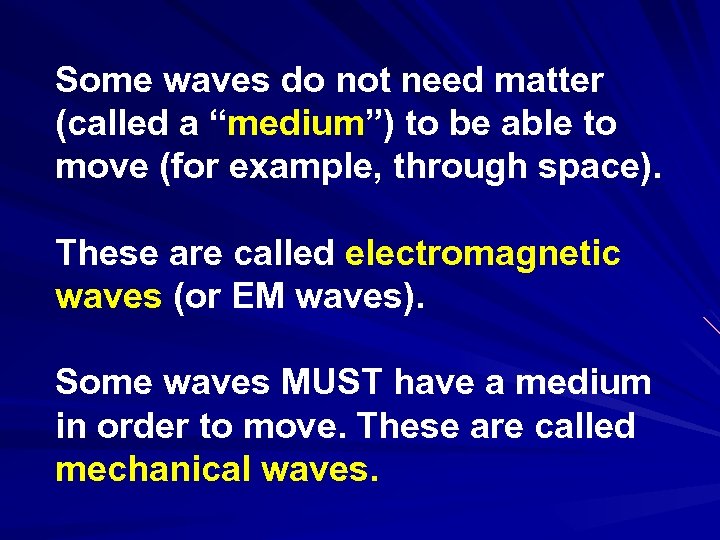 Some waves do not need matter (called a “medium”) to be able to move