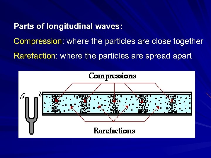 Parts of longitudinal waves: Compression: where the particles are close together Rarefaction: where the