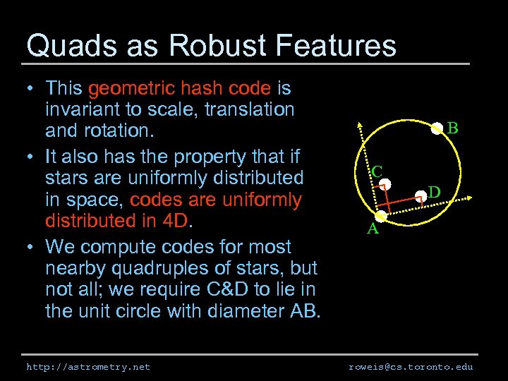 Quads as Robust Features • This geometric hash code is invariant to scale, translation