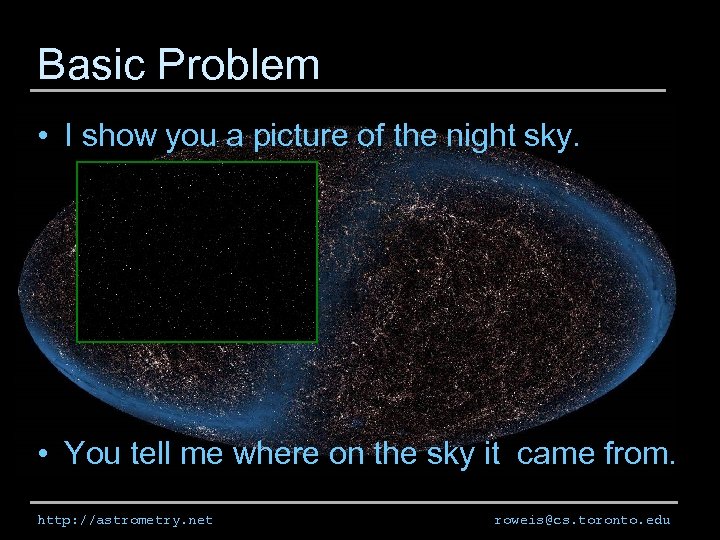 Basic Problem • I show you a picture of the night sky. • You