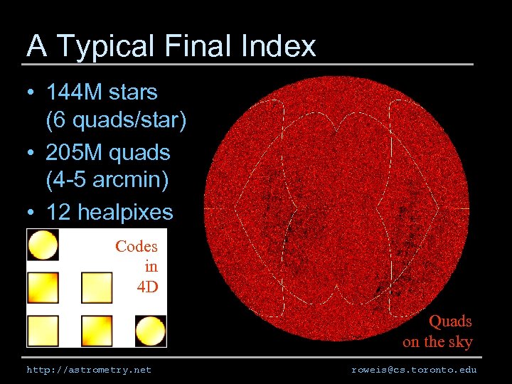 A Typical Final Index • 144 M stars (6 quads/star) • 205 M quads