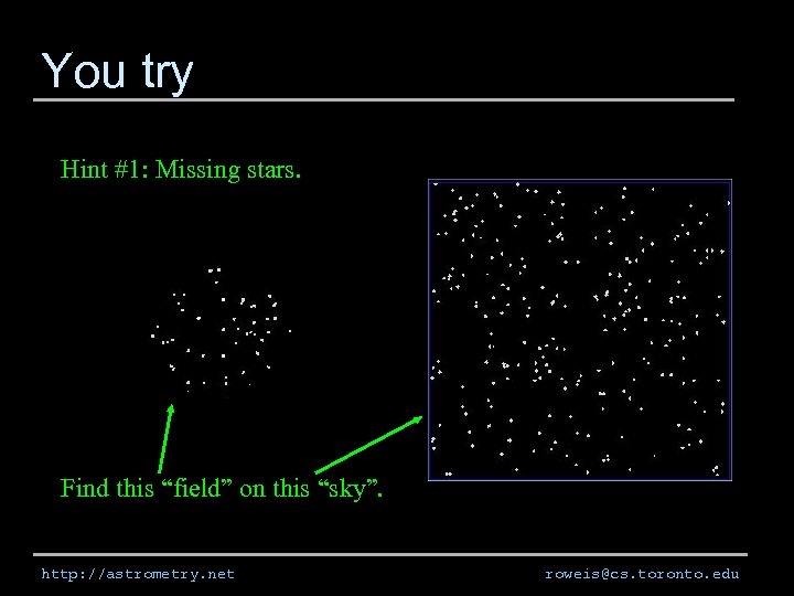 You try Hint #1: Missing stars. Find this “field” on this “sky”. http: //astrometry.