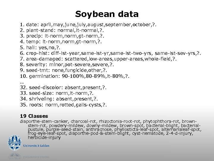 Soybean data 1. date: april, may, june, july, august, september, october, ? . 2.