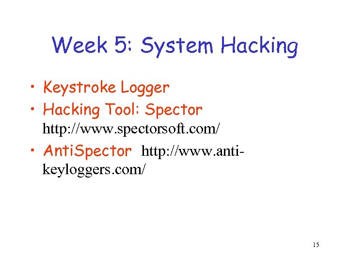 Week 5: System Hacking • Keystroke Logger • Hacking Tool: Spector http: //www. spectorsoft.