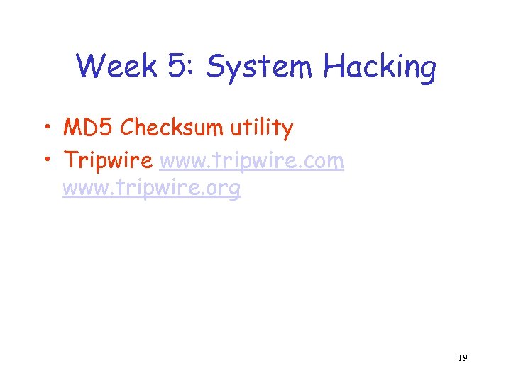 Week 5: System Hacking • MD 5 Checksum utility • Tripwire www. tripwire. com