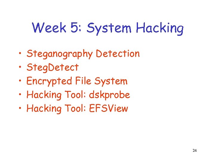 Week 5: System Hacking • • • Steganography Detection Steg. Detect Encrypted File System