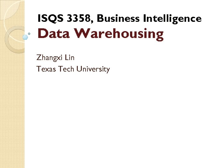 ISQS 3358, Business Intelligence Data Warehousing Zhangxi Lin Texas Tech University 