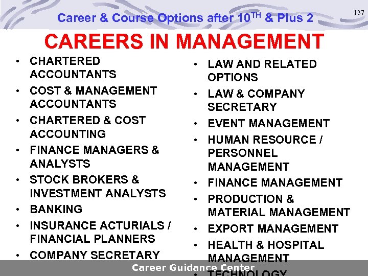 Career & Course Options after 10 TH & Plus 2 CAREERS IN MANAGEMENT •