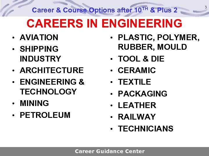 Career & Course Options after 10 TH & Plus 2 CAREERS IN ENGINEERING •