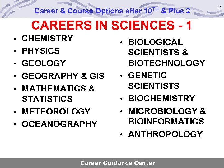 Career & Course Options after 10 TH & Plus 2 CAREERS IN SCIENCES -