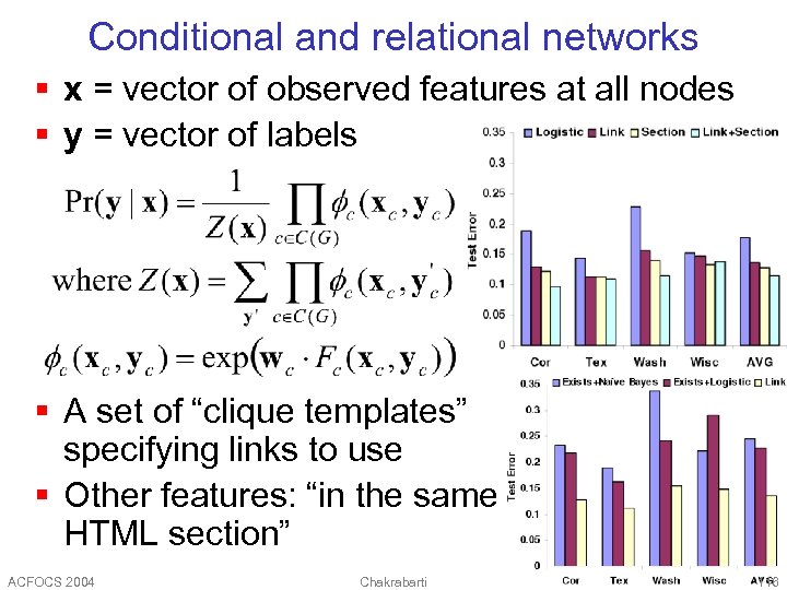 Conditional and relational networks § x = vector of observed features at all nodes