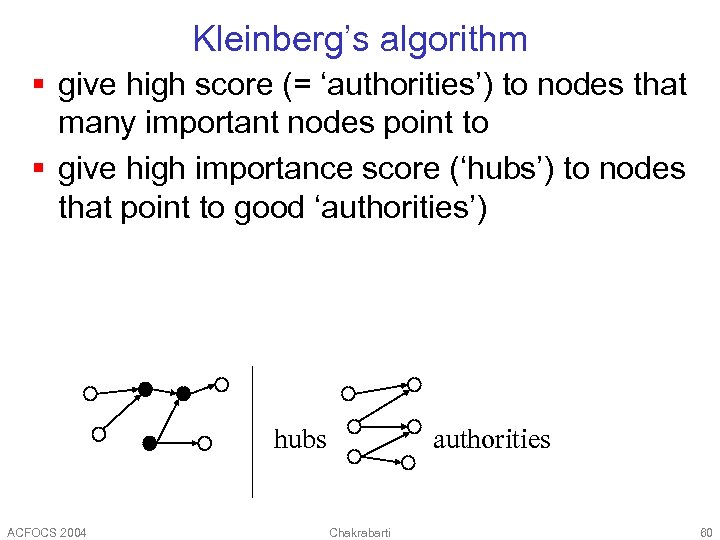 Kleinberg’s algorithm § give high score (= ‘authorities’) to nodes that many important nodes