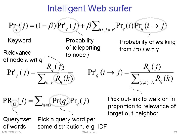 Intelligent Web surfer Keyword Relevance of node k wrt q Query=set of words ACFOCS